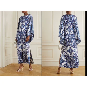 Afrikos spausdinti tonų mėlyna spalva Kurorto dėvėti šilko kaftan moterų atsitiktinis suknelė