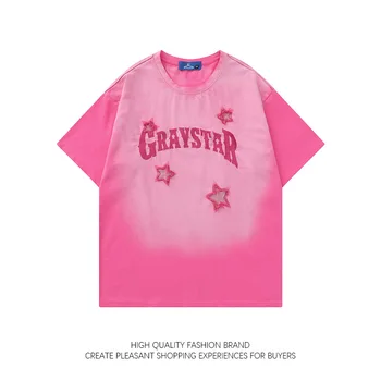 American Vintage Gradientas Laiško Viršuje Siuvinėjimas Rožinė Trumpas Rankovės marškinėliai vyriški Negabaritinių Universalus T-shirt Punk Saldus Streetwear