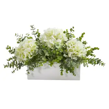 Hydrangea ir Eukalipto Dirbtinis Balta Vaza, Balta Mama, dovana, Palmių lapų, Baltos rožės Apdaila Vestuvių puokštė brides
