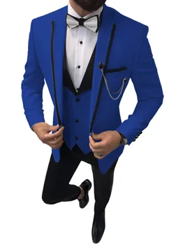 JELTONEWIN 3 Gabalas Royal Blue Vyrų Oficialią Šalies Kostiumas Vyrams Groomsman Boutique Jaunikis Vestuvių Suknelė, Kostiumas (Švarkas+Liemenė+Kelnės)