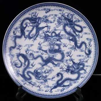 Kinijos Mėlynos ir Baltos spalvos Porceliano Dažytos Dragon Plokštė W Qianlong Ženklas