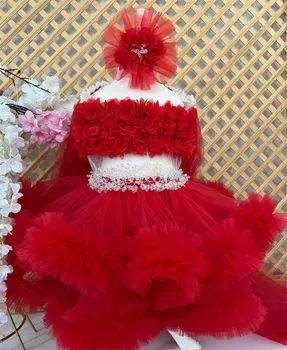 Raudona Puffy Kūdikių, Mergaičių Suknelės Baby Girl Dress Vien Kaklo Vaikų Gimtadienio Suknelė Pirmoji Komunija su Ilgu Tiulio Cape
