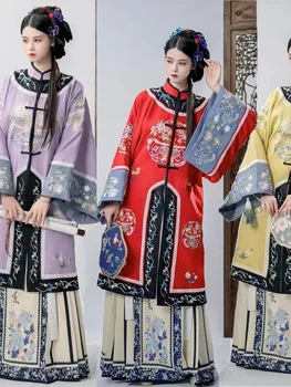 Retro Sunkiosios Pramonės Antikvariniai Drabužiai Moterims Qing Dinastijos Gėlių Prarasti Ilgos Rankovės Siuvinėjimas Cheongsam Suknelė Qipao Cospaly