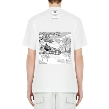 24SS Y-3 Y3 Tshirts Vasaros Linijos Peizažas Spausdinimo T-shirt Aukštos Kokybės Paprastų Vyrų Ir Moterų Atsitiktinis trumparankoviai