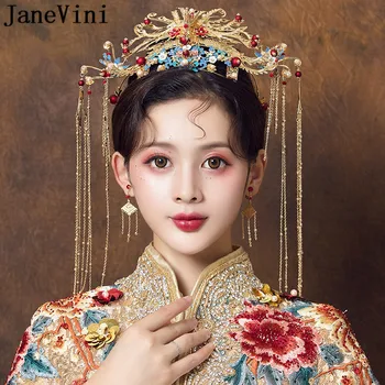 JaneVini Senovės Kinų Plaukų Aksesuaras Nuotakos Lankelis Galvos Apdangalas Podiumo Etape Kinijos Aukso Phoenix Princesė Vestuvių Vainikėliai