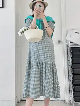 Korėjos Stiliaus Plius Dydis Nėščių Moterų Suknelė Mados Trumpas Rankovės O-Kaklo Aikštėje Apykaklės Motinystės Pledas Suknelė Nėštumo Trimitas