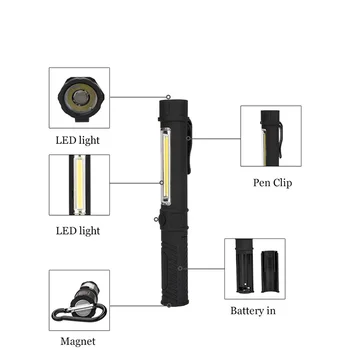 LED Žibintuvėlis Žibinto Lempa Apačioje Magnetas ir Įrašą Juoda/Raudona Daugiafunkcį COB LED Mini Pen Šviesos Darbo Inspekcijos