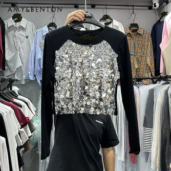 Mados Dizaino Sunkiųjų Siuvinėjimai Blizgančiais marškinėliai ilgomis Rankovėmis Moteriška 2023 Rudens Pradžioje Slim Fit Puloveris Crop-Top Trumpas Pagrindinių Tees