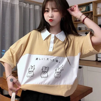 Vasaros mielas Kačiukas Spausdinti trumpomis Rankovėmis T-Shirt Moterims, Japonų studentas Laisvas Turn-Žemyn Apykaklės Viršūnes Moteris atsitiktinis geltoną mygtuką tee